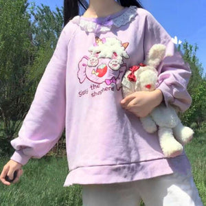 Cute Pink Sweater Jumper with Lace Collar and Kawaii Lamb And Candy Embroidery