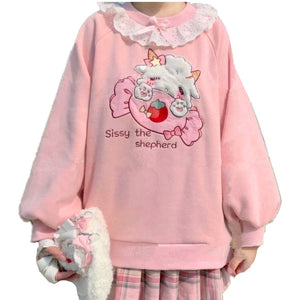 Cute Pink Sweater Jumper with Lace Collar and Kawaii Lamb And Candy Embroidery