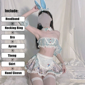 Bunny Blue Maid Cosplay Apron Lingerie Set 7 Pcs