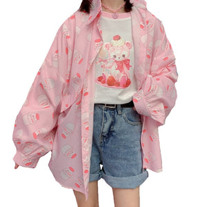Kawaii Strawberry Milk Printed Summer Shirt in Pink