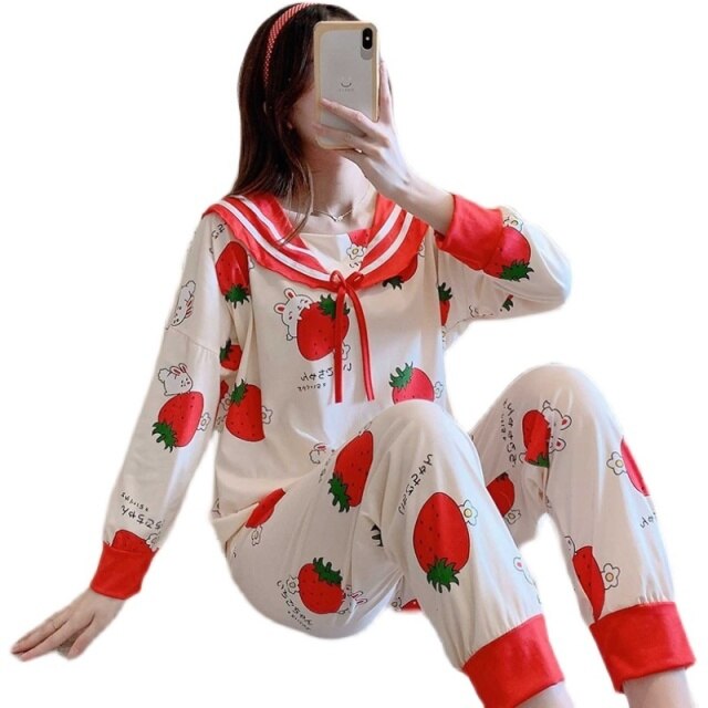 Sailor Collar Pyjama Set with Bunny Strawberry Print Women Sleepwear Pajama Cute Strawberry Rabbit Print HomeWear Cotton Long Sleeve Long Pants Suits