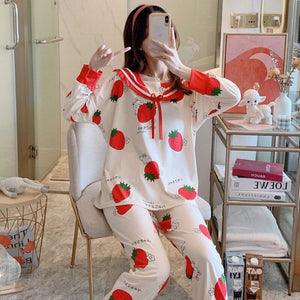 Sailor Collar Pyjama Set with Bunny Strawberry Print Women Sleepwear Pajama Cute Strawberry Rabbit Print HomeWear Cotton Long Sleeve Long Pants Suits