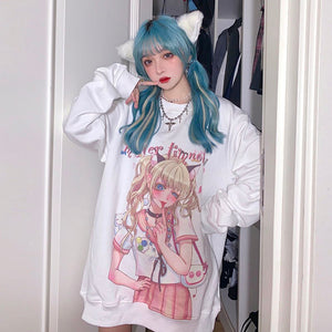 Kawaii White Sweatshirt with Anime School Girl Graphic Print in Pink