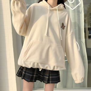 Soft Oversized Cream Drawstring Hoodie Sweater with Embroidered Dog