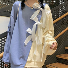 Two-Tone Crewneck Sweatshirt in Baby Blue and Lemon Colour with Giant White Silky Ribbons