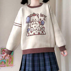 Winter Cream and Chocolate Brown Soft Knit Jumper with Bear