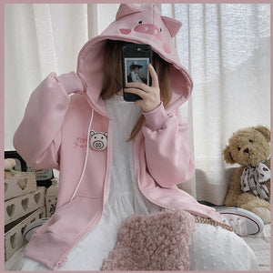 Kawaii Pink Pig Print Hoodie Sweatshirt with Pig Hood