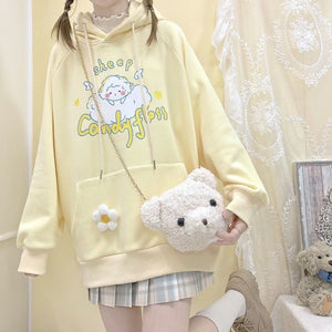 Kawaii Yellow Long-Sleeve Hoodie/Sweatshirt with Sheep Print