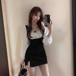 Sexy Puff Sleeve Slim Mini Dress with Collar in Black