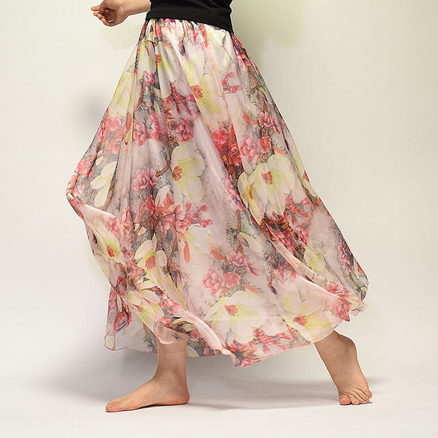 Summer Women Floral Chiffon Maxi Skirt 3429, 40% OFF