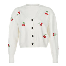 Knitted Cherries Embroidery Long Sleeve V-Neck Cropped Sweater Cardigan Tops