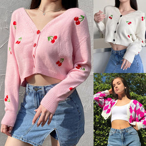 Knitted Cherries Embroidery Long Sleeve V-Neck Cropped Sweater Cardigan Tops