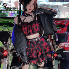 Harajuku Rock Hot Girl Fried Street  Skirt Plaided Tops Gothic Two-piece Set Suit