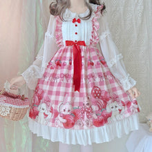 Pink Lolita Strawberry and Rabbit Print Sleeveless Check Dress in Pink and White