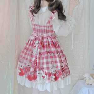 Pink Lolita Strawberry and Rabbit Print Sleeveless Check Dress in Pink and White
