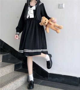 Knee-Length Dress with Sweet Sailor Collar and Full Sleeve
