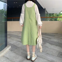 Long Green Dress with Square Collar in Corduroy Fabric with Yellow Pocket