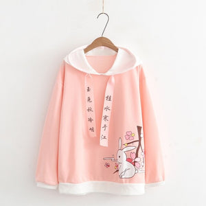 Kawaii Pink Hoodie with Bunny Sakura Print