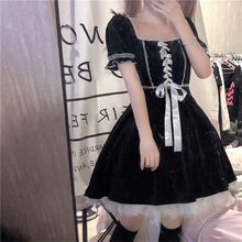 Soft Girl Dress with Sweet Lace Square Collar and Bow Short Sleeves