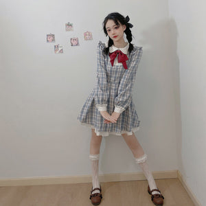Sweet Soft Girly Style Dress with Peter Pan Collar in Plaid with Red Bow