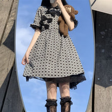 Soft Girly Grey Dress in Plaid Print with Lace Hem and Bows Across