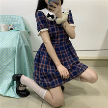 Blue Plaid Dress with White Collar and Short Sleeves