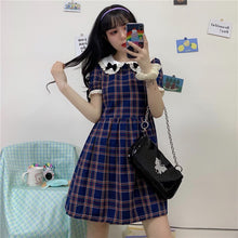 Blue Plaid Dress with White Collar and Short Sleeves
