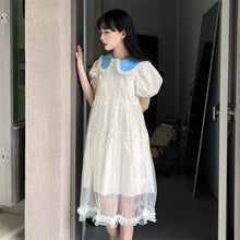 Long Cream Summer Sheer Dress in a Cute Soft Style with Blue Peter Pan Collar Detailing
