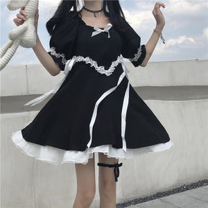 Soft Black Girly Dress in a Vintage Square Collar Style wit Puff Sleeves