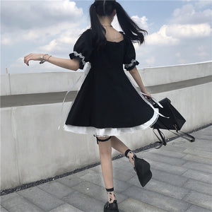 Soft Black Girly Dress in a Vintage Square Collar Style wit Puff Sleeves