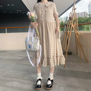 Long Soft Girl Dress with Sweet Lace Peter Pan Collar and Short Sleeve Ruffles