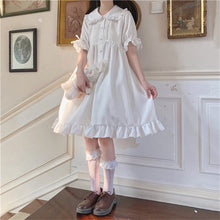 Knee-Length Dress with Peter Pan Collar, Ruffles and Puff Sleeves in White