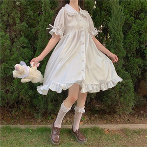 Knee-Length Dress with Peter Pan Collar, Ruffles and Puff Sleeves in White