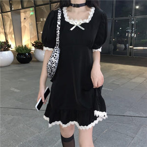 Elegant Black Dress with Cute Lace Square Collar