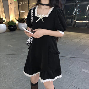 Elegant Black Dress with Cute Lace Square Collar