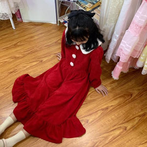 Long Red Dress with Peter Pan Collar and three Buttons with Ruffle Hem