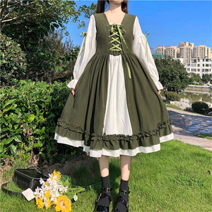 Sweet Soft Girl Green Lolita Dress with Sailor Collar and Cute Ruffle Lantern Sleeve
