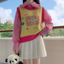 Bright Winter Preppy Style Shirt and Vest with Teddy Bear design in Pink, Yellow and White