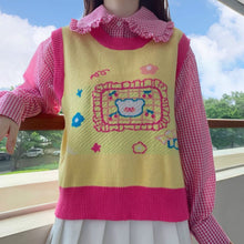 Bright Winter Preppy Style Shirt and Vest with Teddy Bear design in Pink, Yellow and White