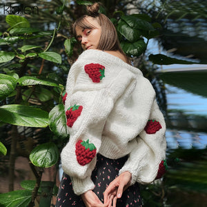 Elegant Cute Strawberry Print Single Breasted Sweater Cardigan