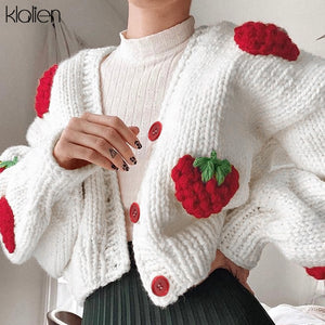 Elegant Cute Strawberry Print Single Breasted Sweater Cardigan