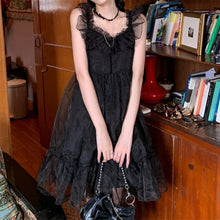 Elegant Preppy Style Black Dress with V-Neck Lace and Ruffles