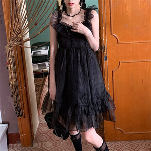 Elegant Preppy Style Black Dress with V-Neck Lace and Ruffles