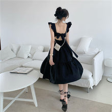 Black Tiered Backless Dress with Elastic Waist and Bow detail