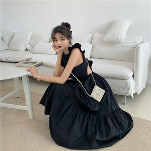 Black Tiered Backless Dress with Elastic Waist and Bow detail