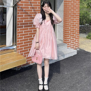 Pink Princess Mori Girl Style Dress with Square Collar and Puff Sleeve