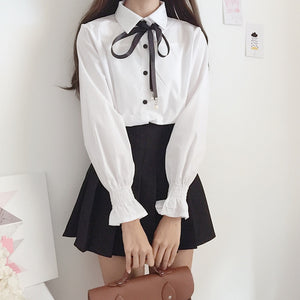 White Lace Up Shirt Blouse with Buttons and tie-up Ribbon and Cute Sleeves