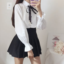 White Lace Up Shirt Blouse with Buttons and tie-up Ribbon and Cute Sleeves