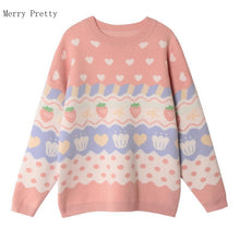 Soft Pink Knitted Sweater with Strawberry and Heart Print