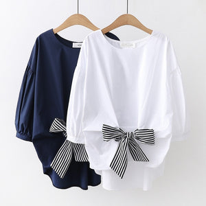 Preppy Style Sweet Girls Women Bow Long Sleeve Loose Tops Womans T-shirts